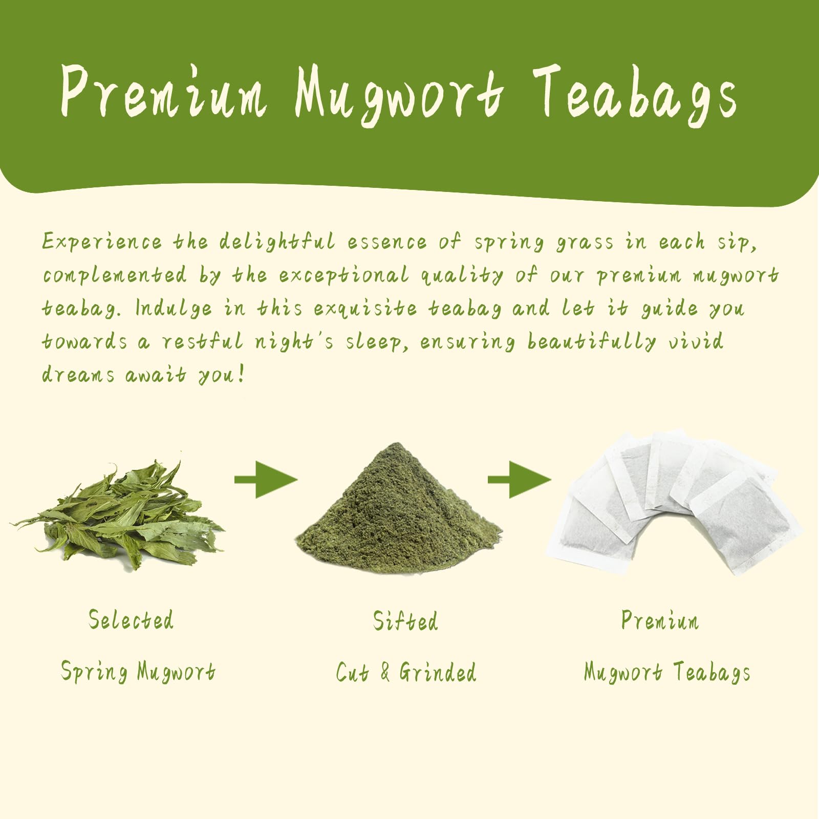 Closeup of Jarteela mugwort tea bag highlighting pure herb for calming evening ritual.