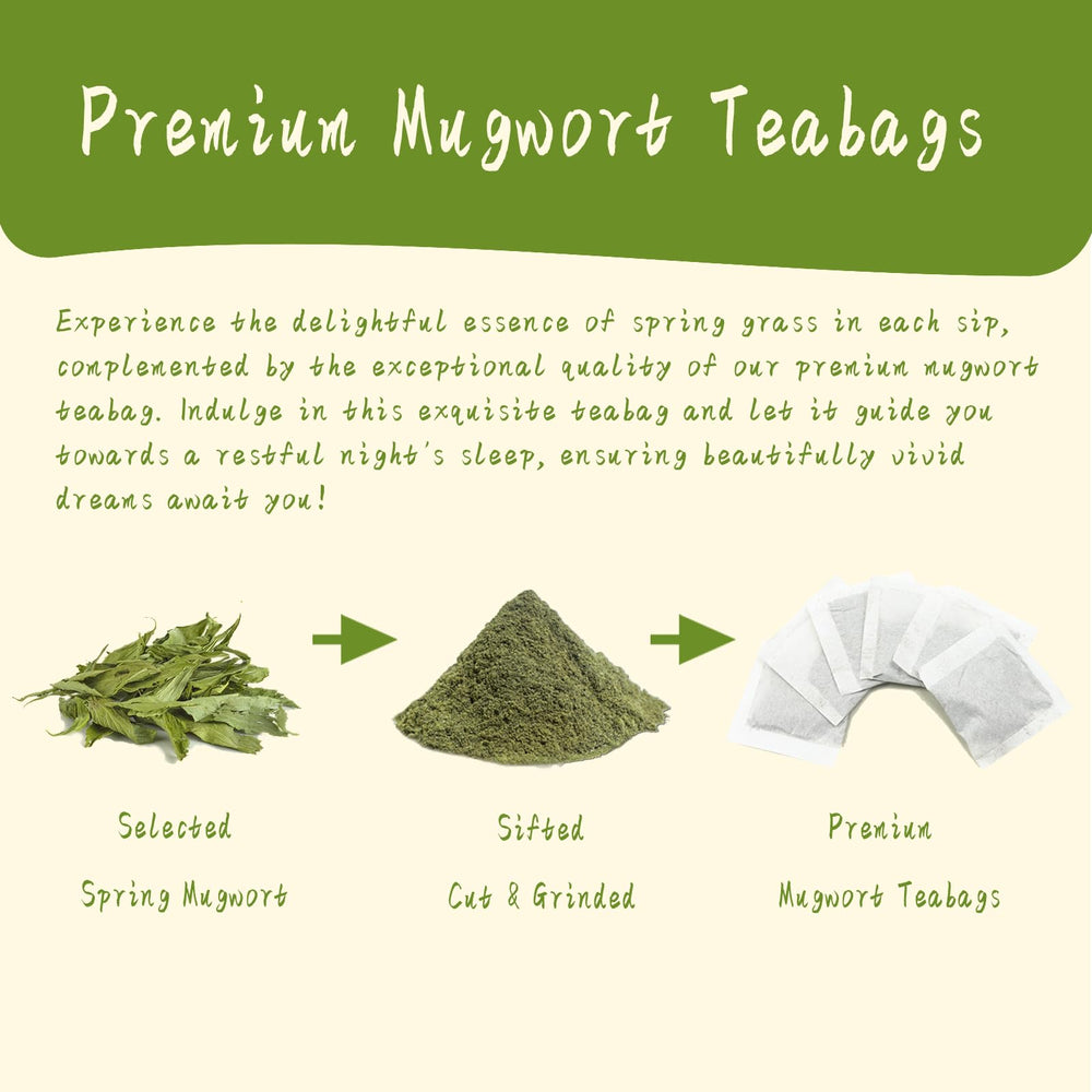 Closeup of Jarteela mugwort tea bag highlighting pure herb for calming evening ritual.