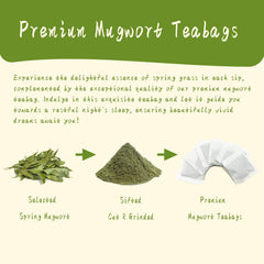 Closeup of Jarteela mugwort tea bag highlighting pure herb for calming evening ritual.