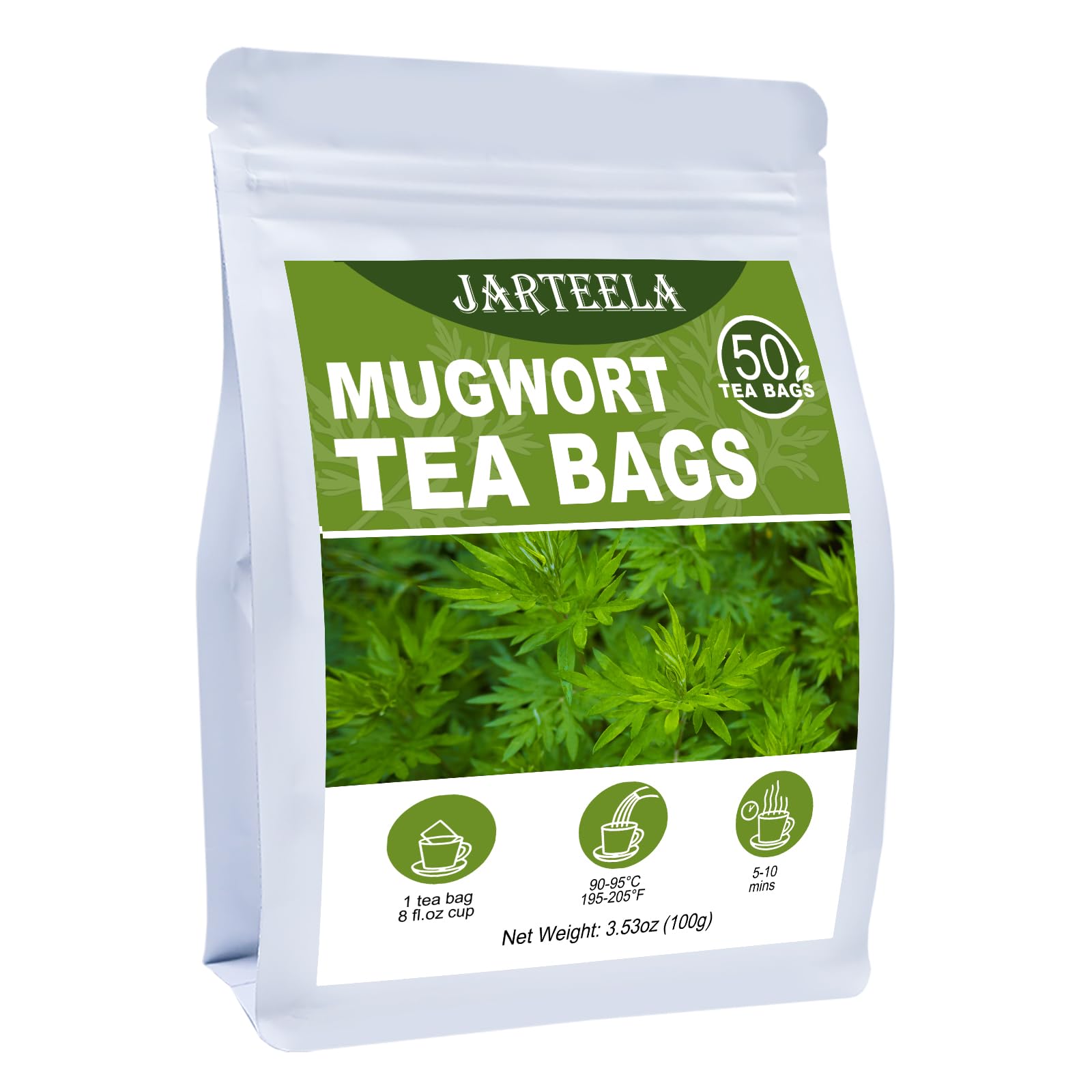 Jarteela mugwort tea bags pack showing premium packaging for natural digestion support.