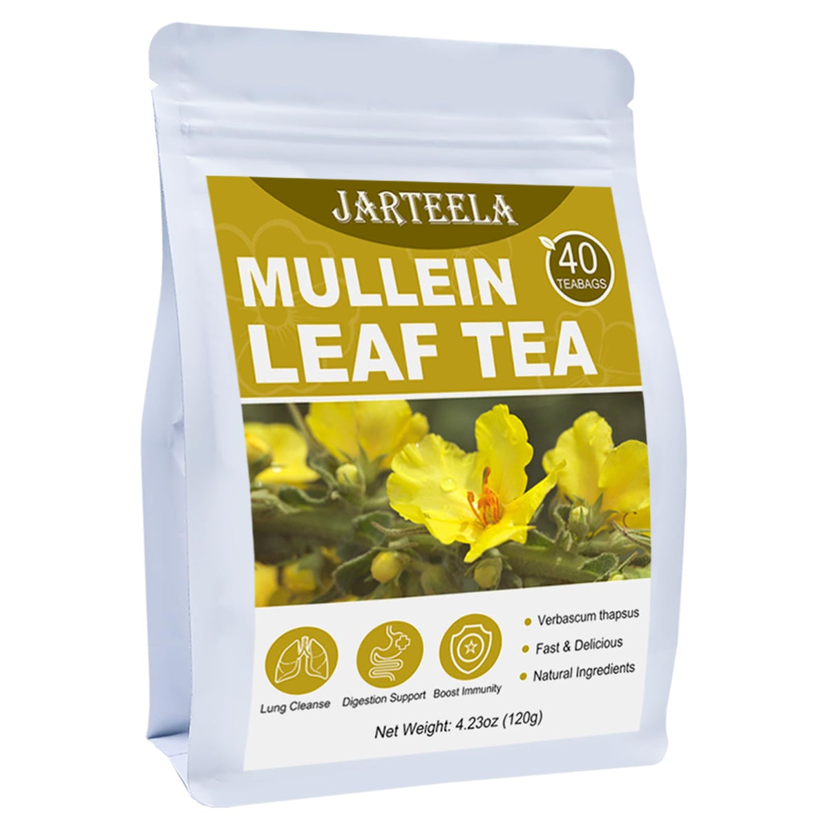 Jarteela mullein tea bags packaging highlights premium convenience for daily ritual.