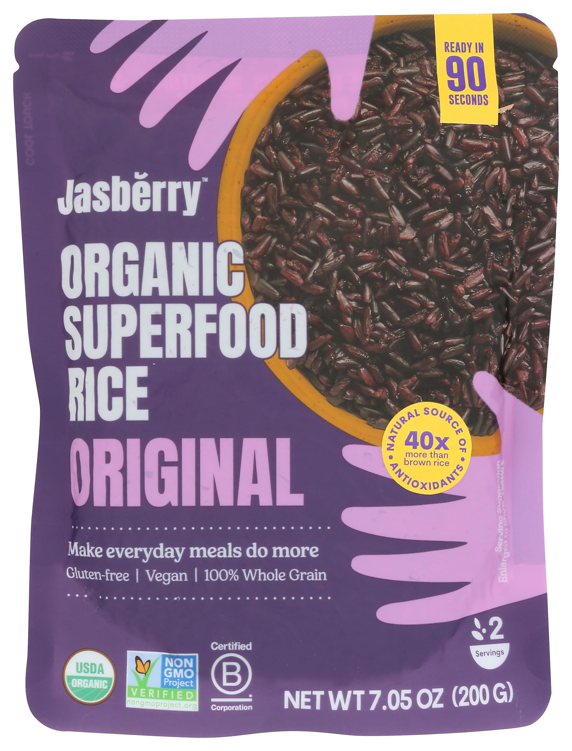 Jasberry Organic RTE rice bag, ready to cook for quick, wholesome meals.