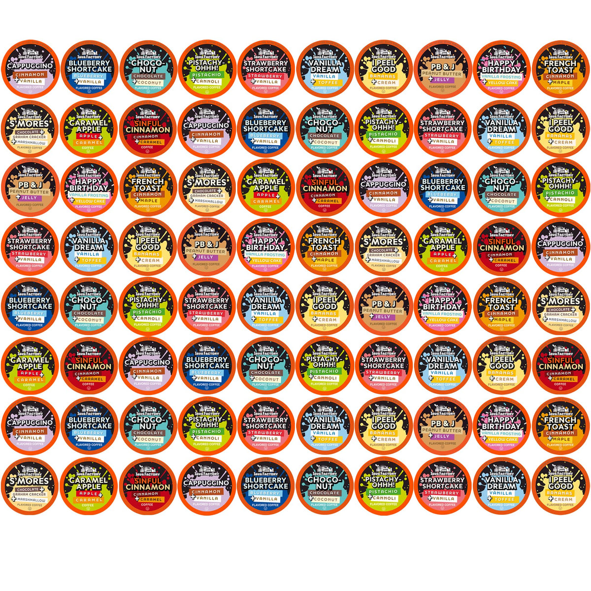 Java Factory assorted sampler box with 80 pods for convenient flavor variety.