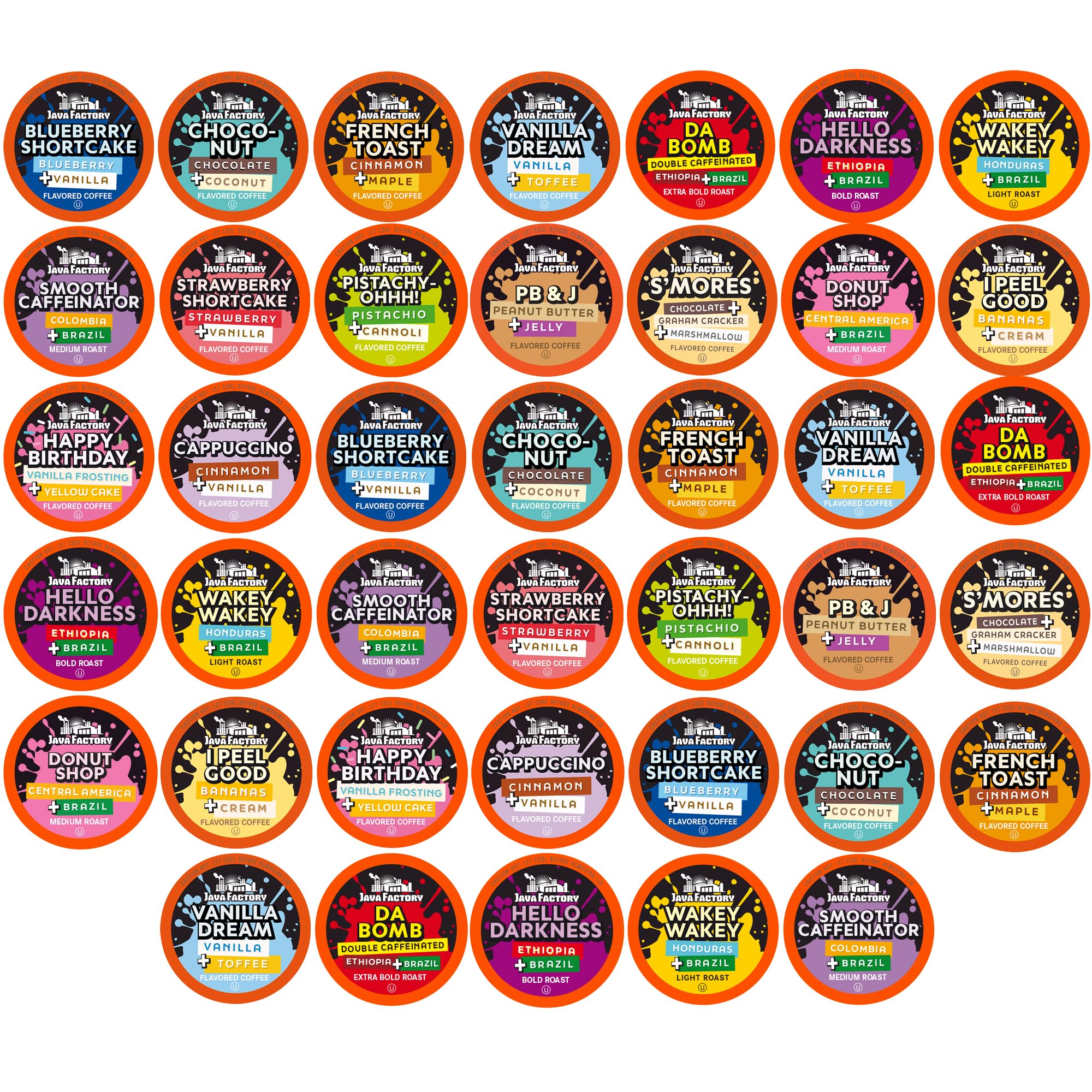 Java Factory Assorted Variety Pack coffee pods showing diverse flavors for tastings.