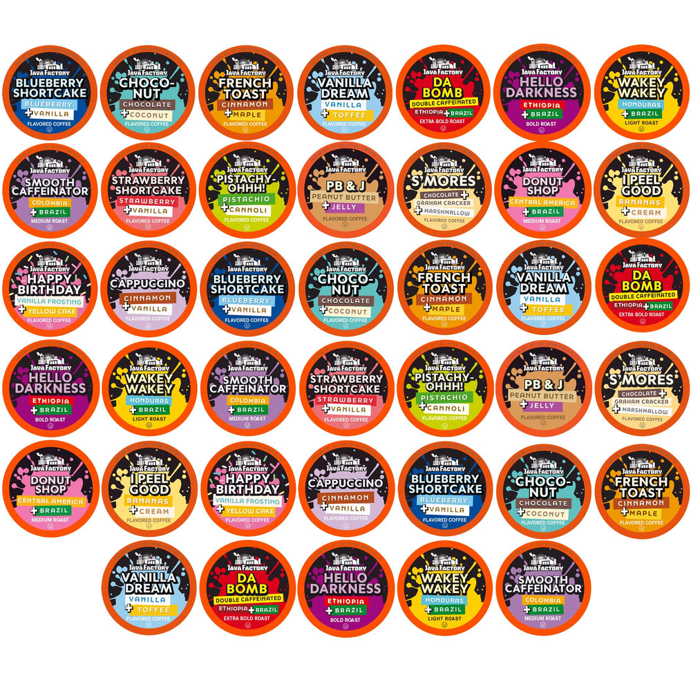 Java Factory Assorted Variety Pack coffee pods showing diverse flavors for tastings.