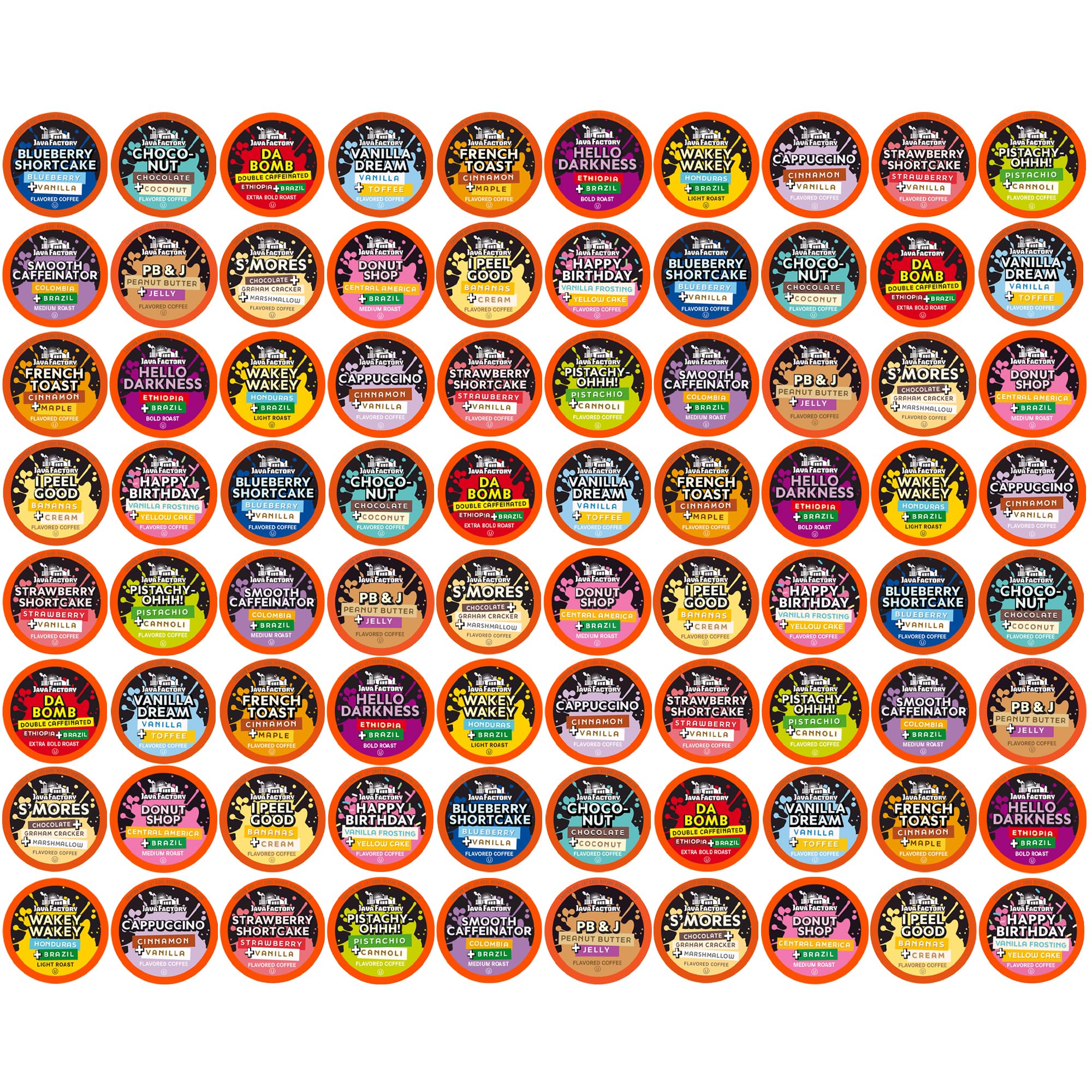 Java Factory assorted variety pods for K-Cup brewers—convenient flavor exploration.