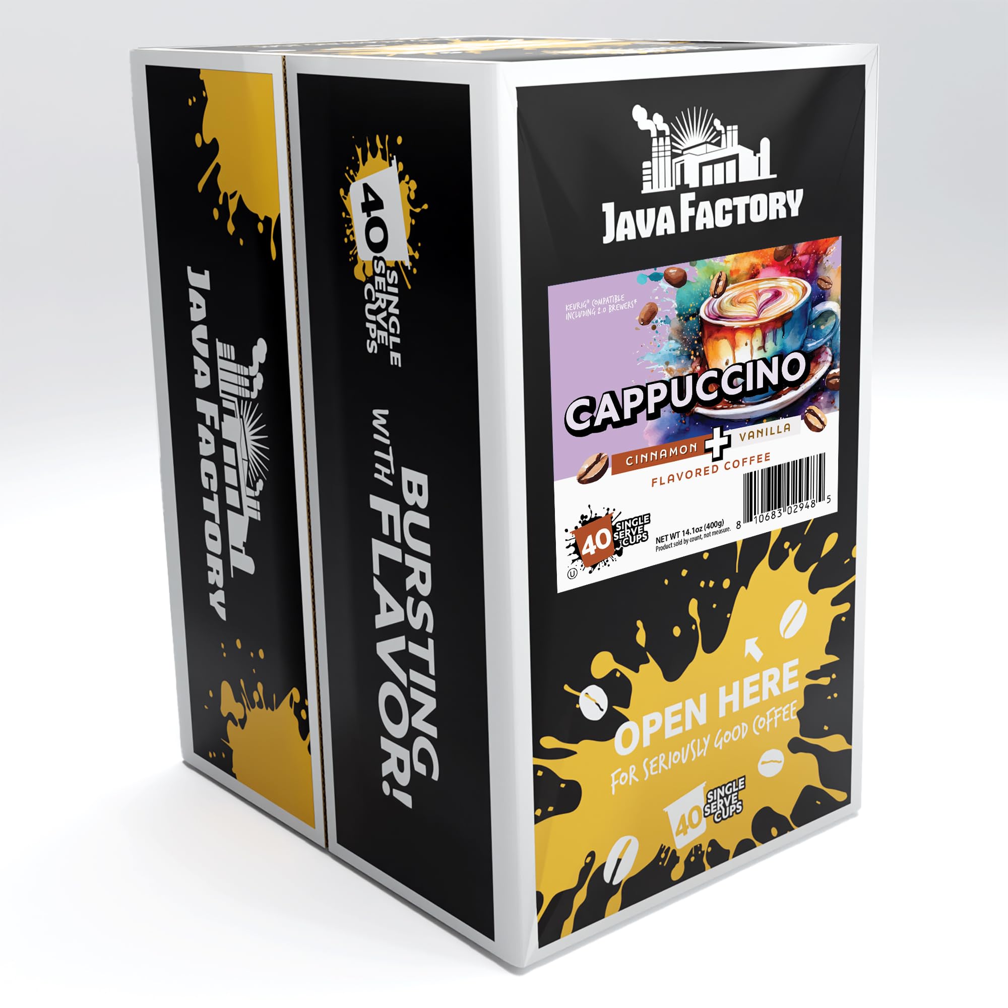 Java Factory cappuccino coffee pod close-up reveals creamy vanilla flavor