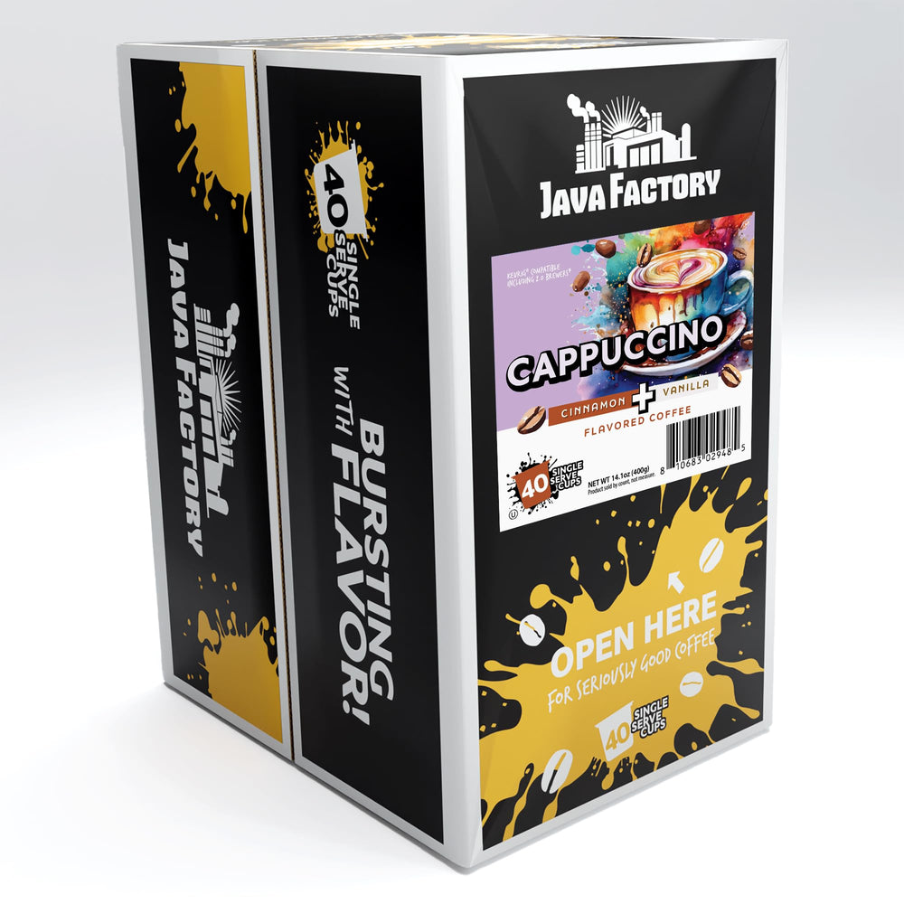 Java Factory cappuccino coffee pod close-up reveals creamy vanilla flavor
