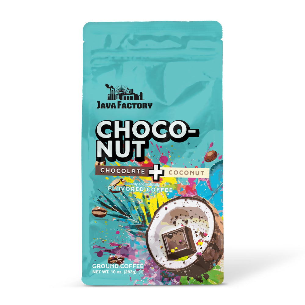 Java Factory Choconut coffee bag close-up shows chocolate coconut notes for a premium brew