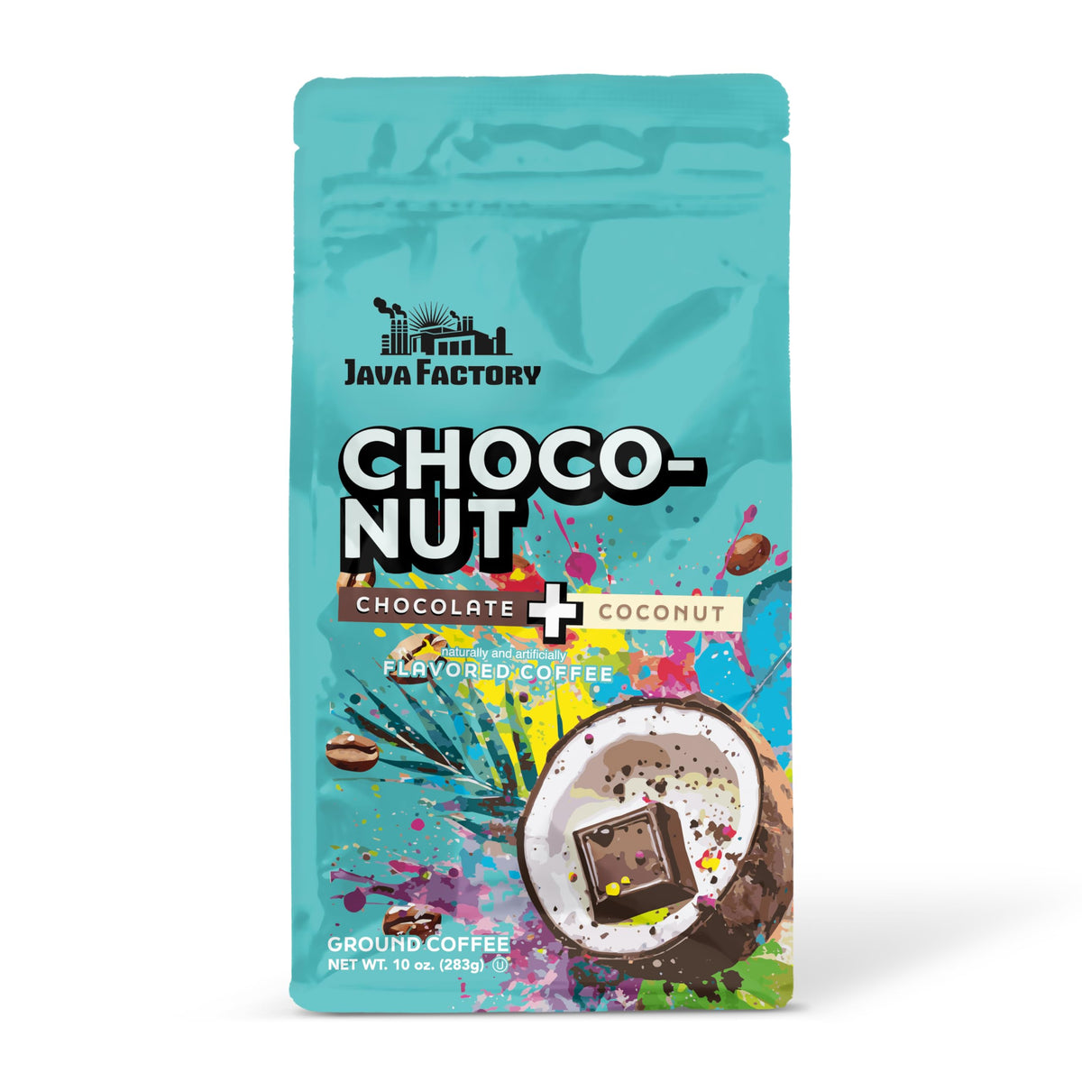 Java Factory Choconut coffee bag close-up shows chocolate coconut notes for a premium brew