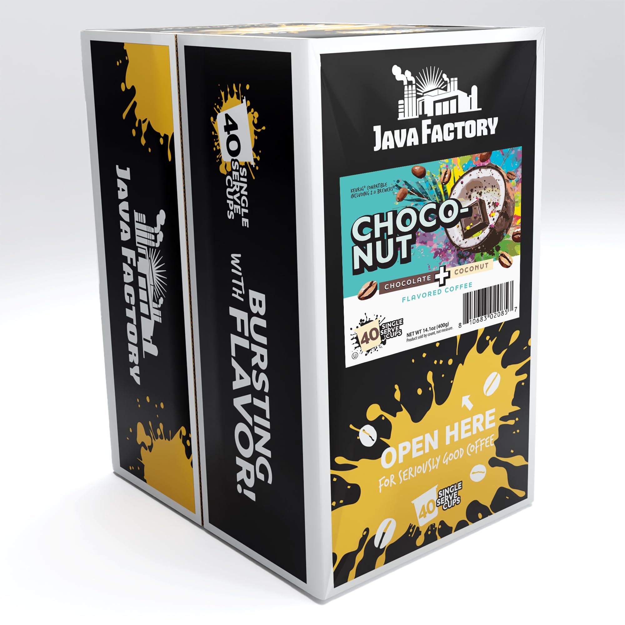 Java Factory Choconut coffee pod closeup highlighting rich aroma.