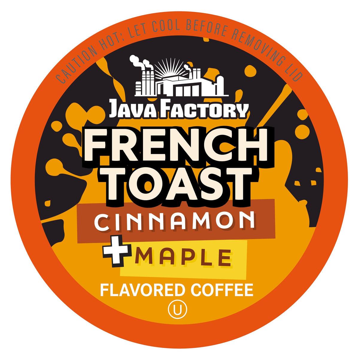 Java Factory Cinnamon Maple coffee pods box, 80-count for convenient home brewing.