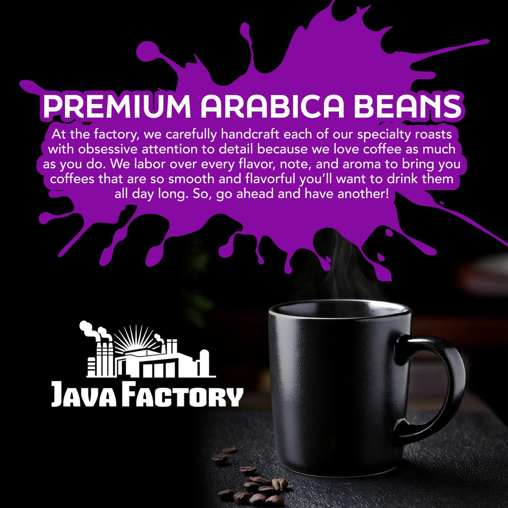 Java Factory 10-ounce bag label emphasizing premium quality and convenience.