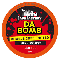 Java Factory Da Bomb Dark Roast pod pouring a bold, energizing cup for a quick morning boost.