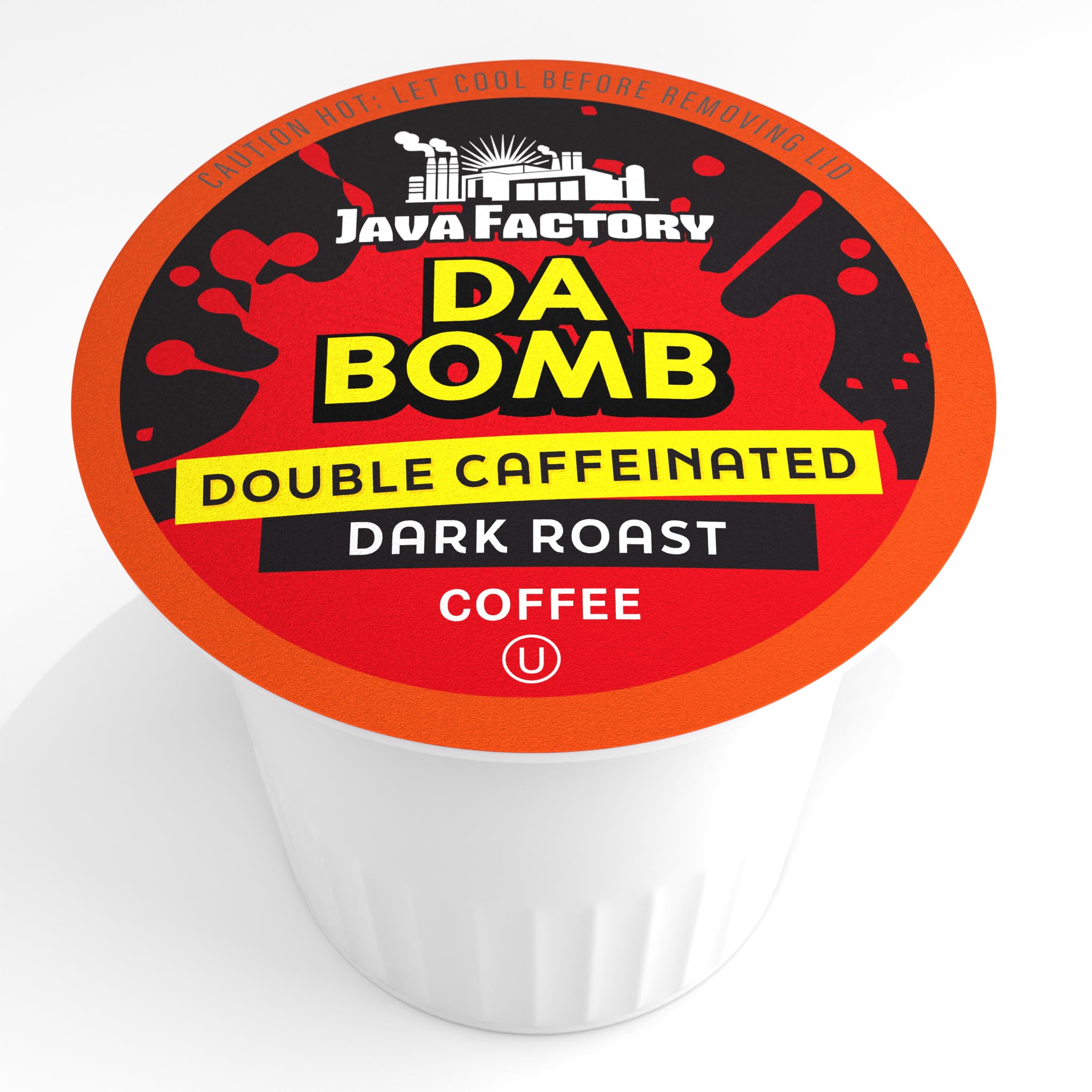 Close-up of Java Factory Da Bomb Extra Bold pod, highlighting dark roast aroma.