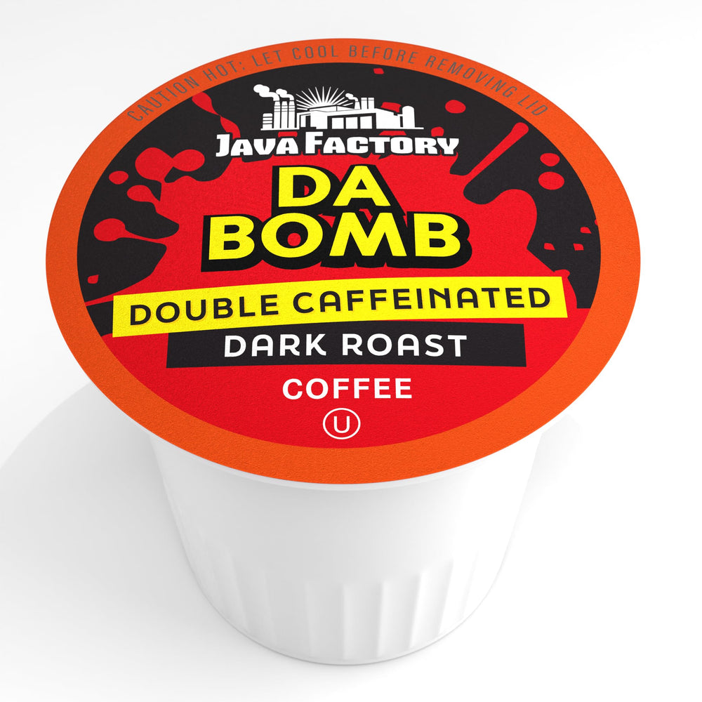 Close-up of Java Factory Da Bomb Extra Bold pod, highlighting dark roast aroma.