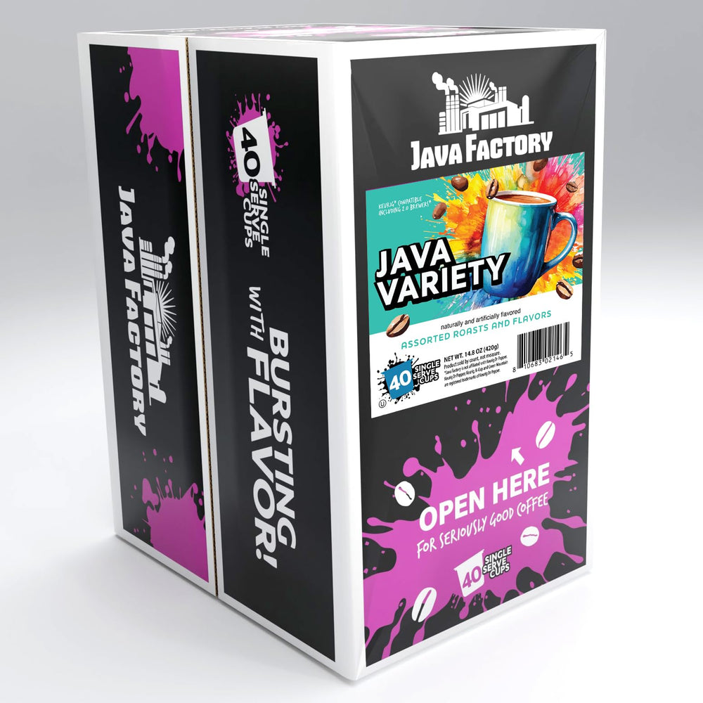Java Factory flavor variety display highlighting bold, medium, and smooth blends.