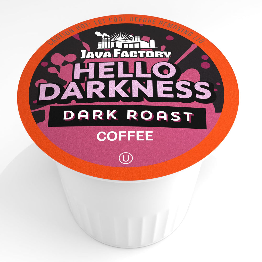 Java Factory Hello Darkness brewed cup showcases a bold, intense coffee experience.