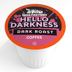 Java Factory Hello Darkness brewed cup showcases a bold, intense coffee experience.