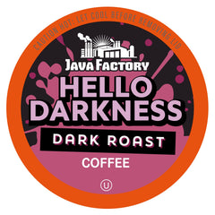 Java Factory Hello Darkness packaging highlights bold dark roast for quick, convenient brewing.