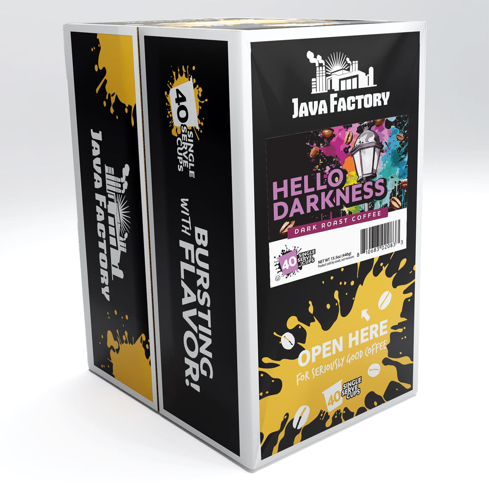 Java Factory Hello Darkness pod closeup emphasizes rich aroma and strong flavor.