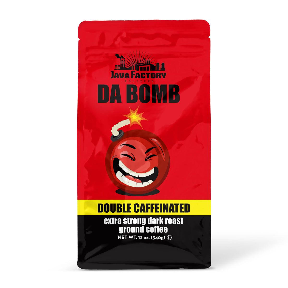 Java Factory Da Bomb Dark Roast packaging shows bold ground coffee for mornings