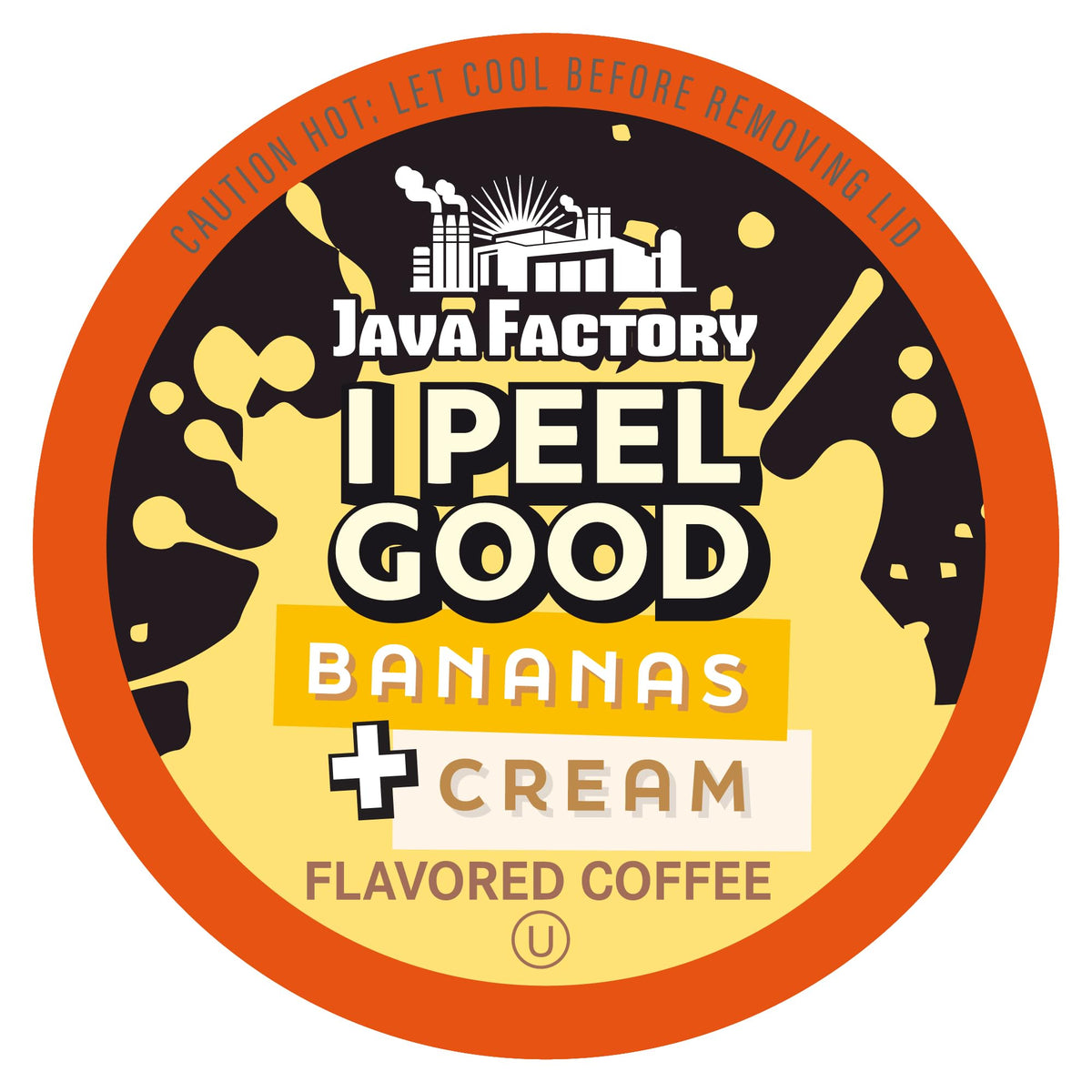 Java Factory i Peel Good Banana Cream coffee pod on a kitchen counter, creamy promise.
