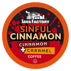 Java Factory Sinful Cinnamon box front view shows a convenient flavored coffee option.