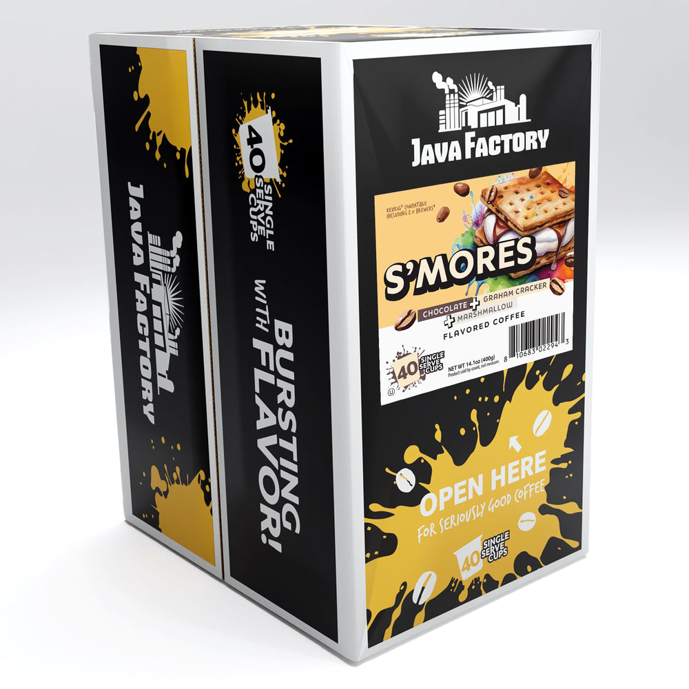 Java Factory S'mores pods evoke campfire vibes, ideal for camping trips