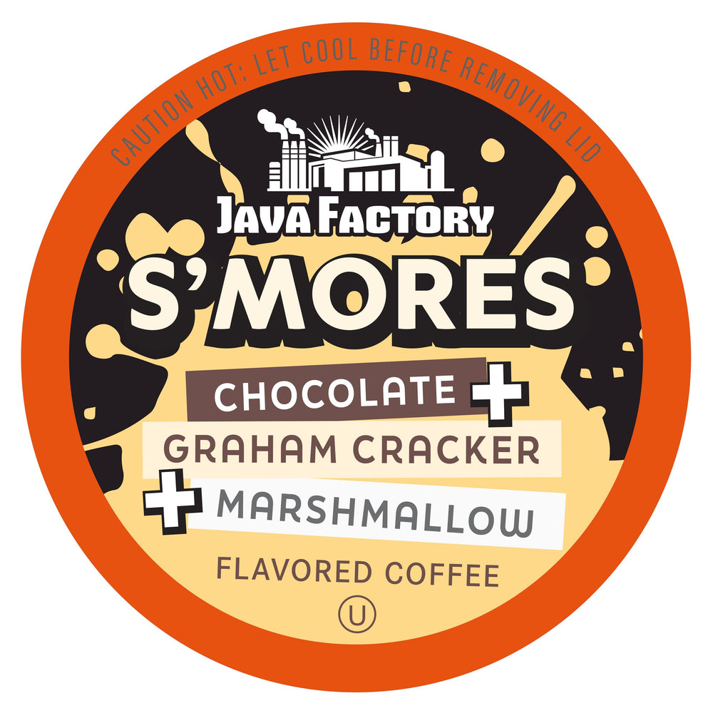Java Factory S'mores coffee pods brew a rich chocolate aroma for a cozy morning boost