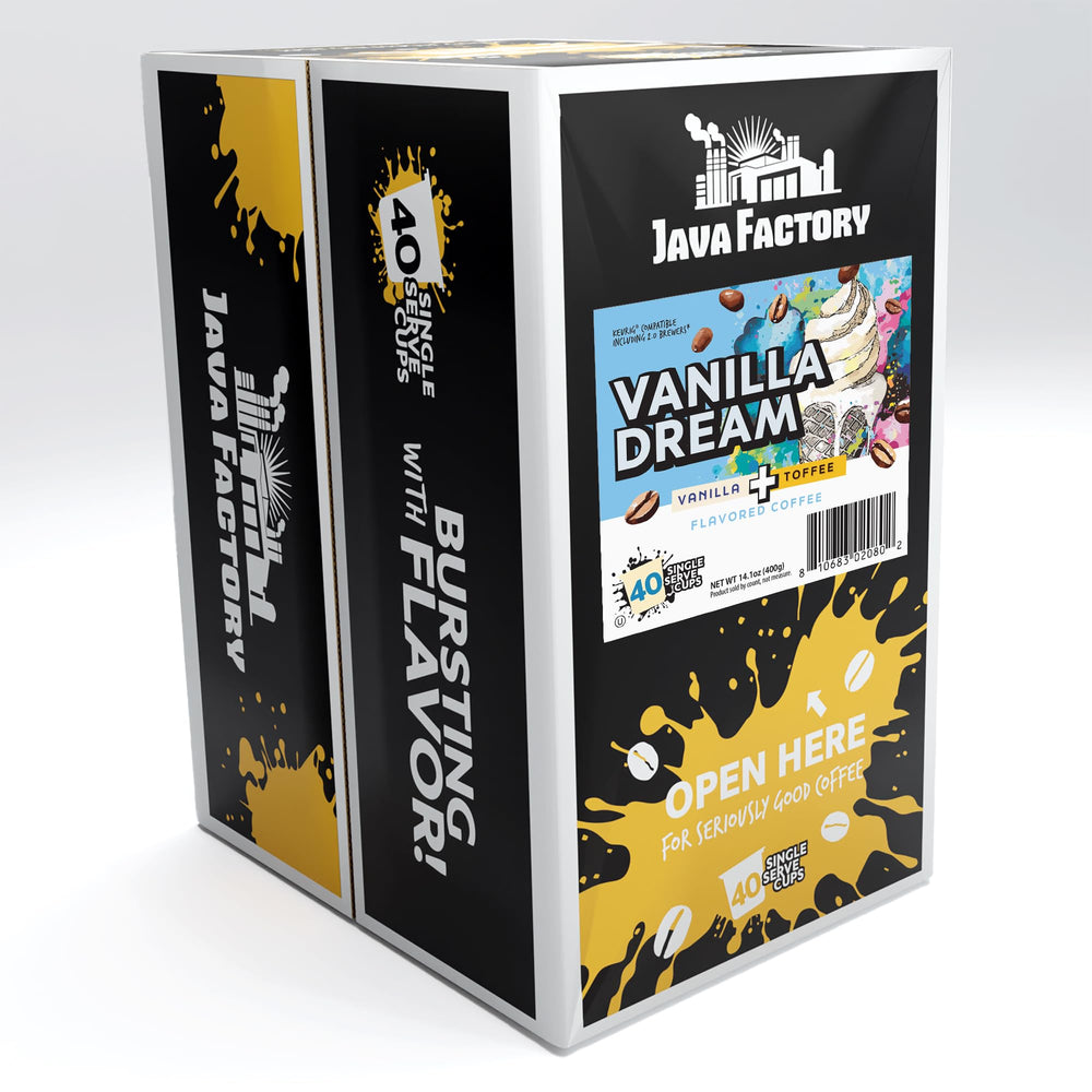 Java Factory Vanilla Dream pods closeup highlights smooth vanilla aroma and butter toffee hints.