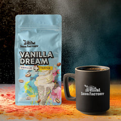 Java Factory Vanilla Dream steaming cup illustrating a rich, creamy taste