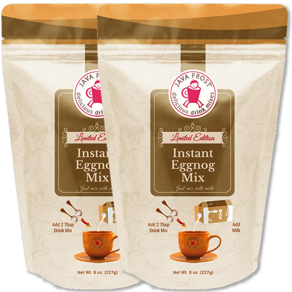 Java Frost Instant Eggnog Mix bag front for quick holiday servings.