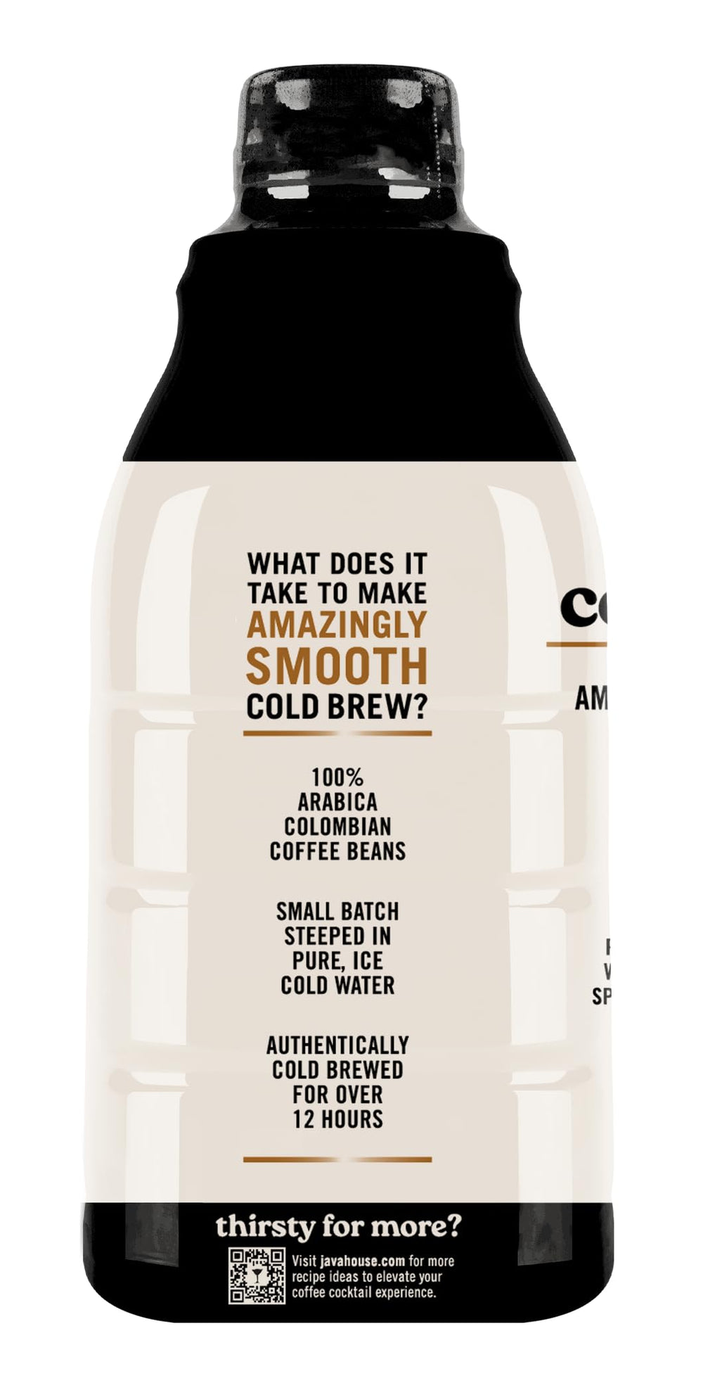 Java House 32oz bottle label highlighting batch-ready convenience for entertaining.