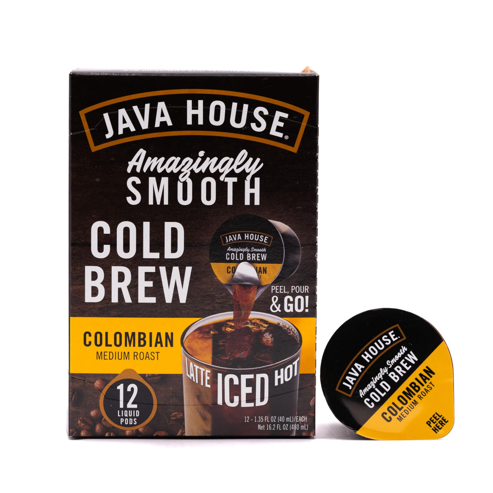 Java House Colombian cold brew pod front view highlights premium Arabica flavor.