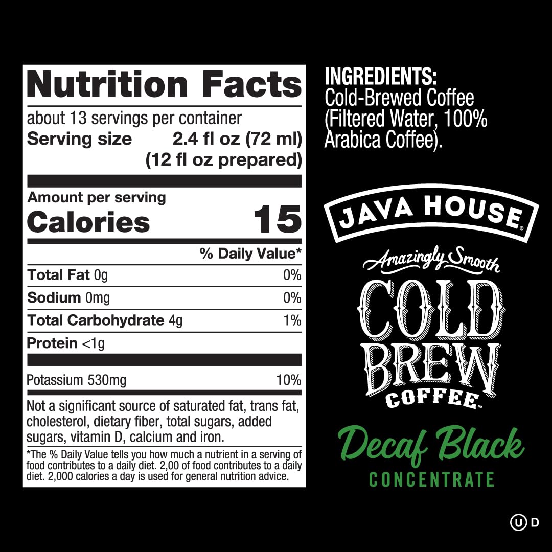 Java House decaf Colombian concentrate label closeup highlighting aroma.