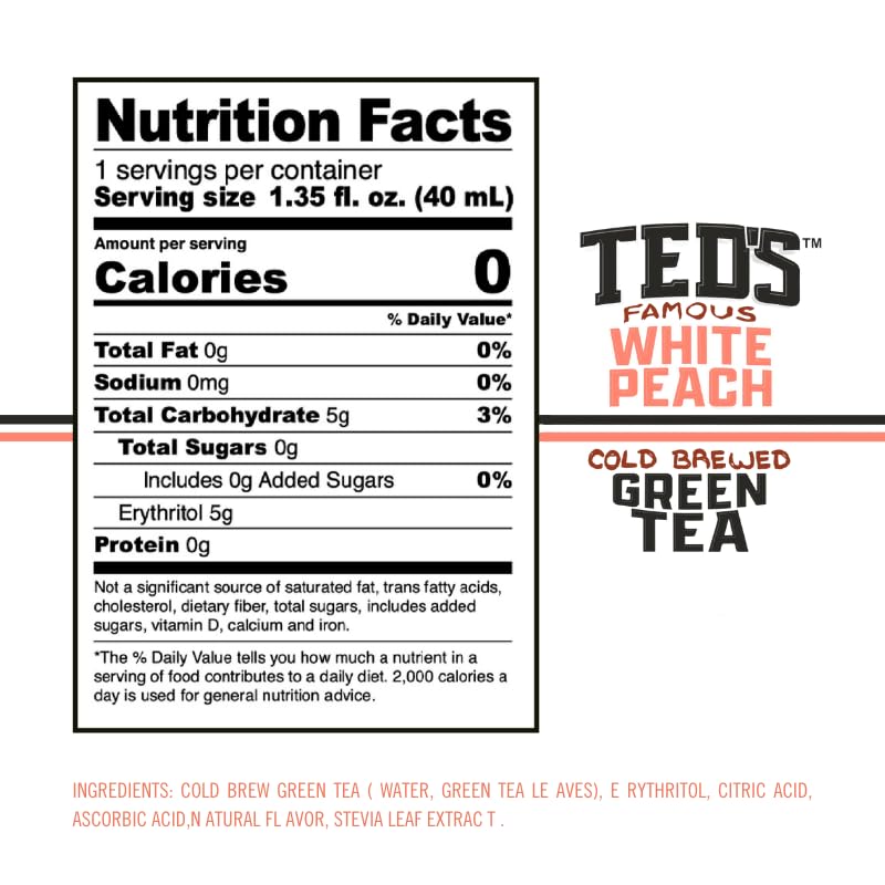 Cold glass of Ted's Tea shows refreshing white peach green tea.