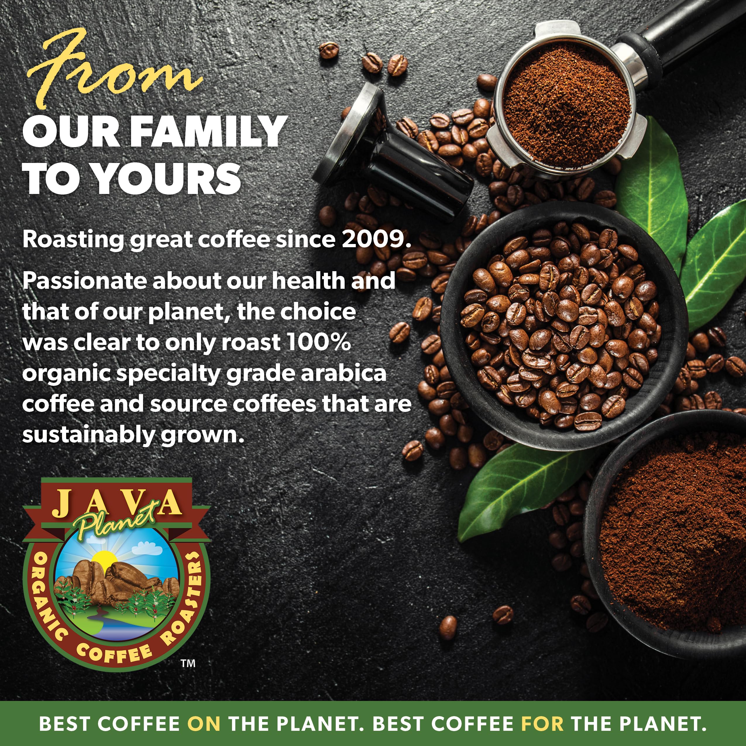 Java Planet heavy metals testing badge ensures safety checks for a confident brew.