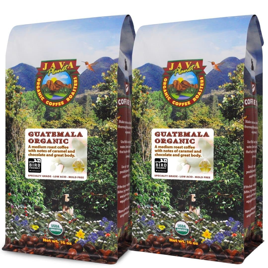 Java Planet low acid coffee bag highlighting smooth, stomach-friendly brew.