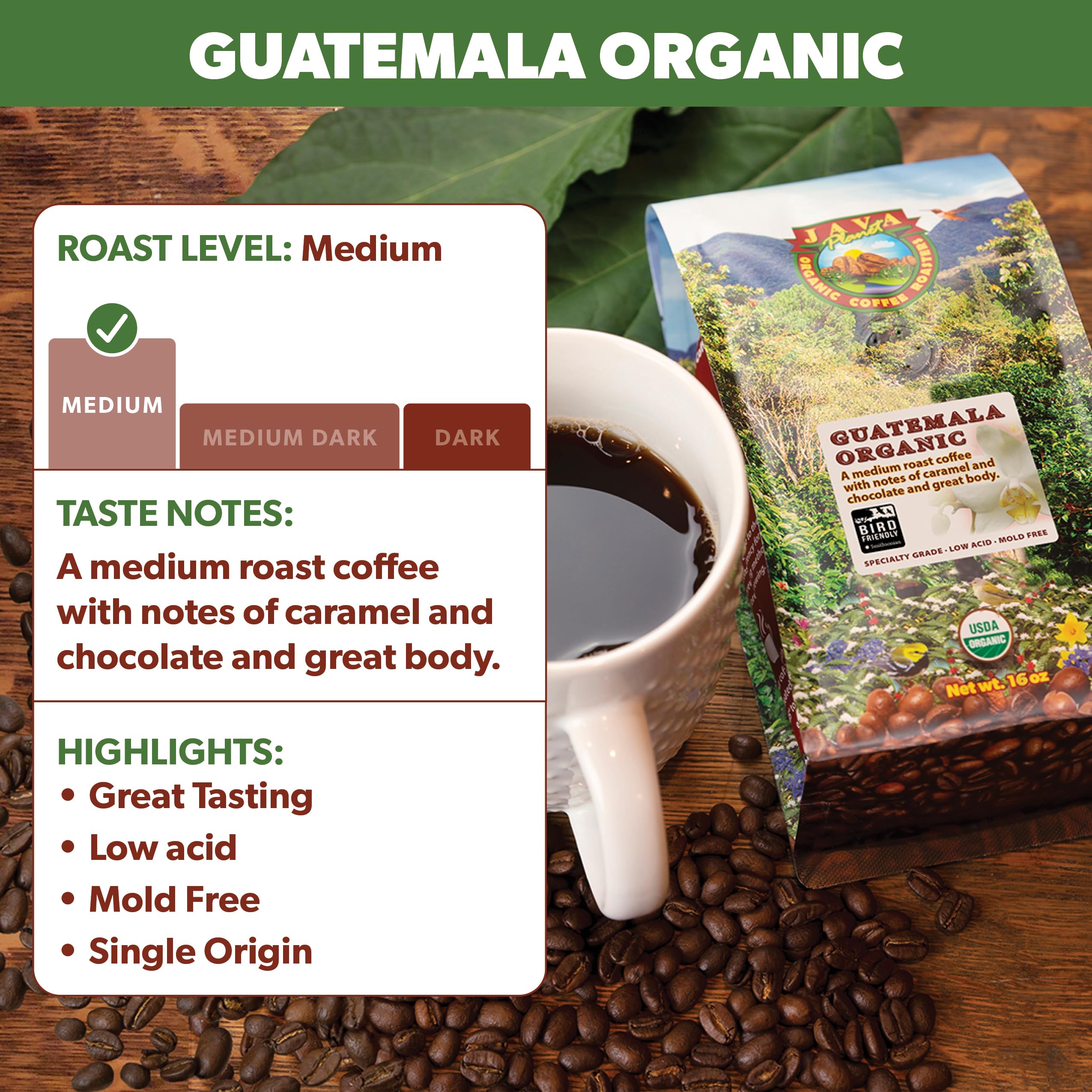 Medium roast aroma highlighting caramel and chocolate notes.