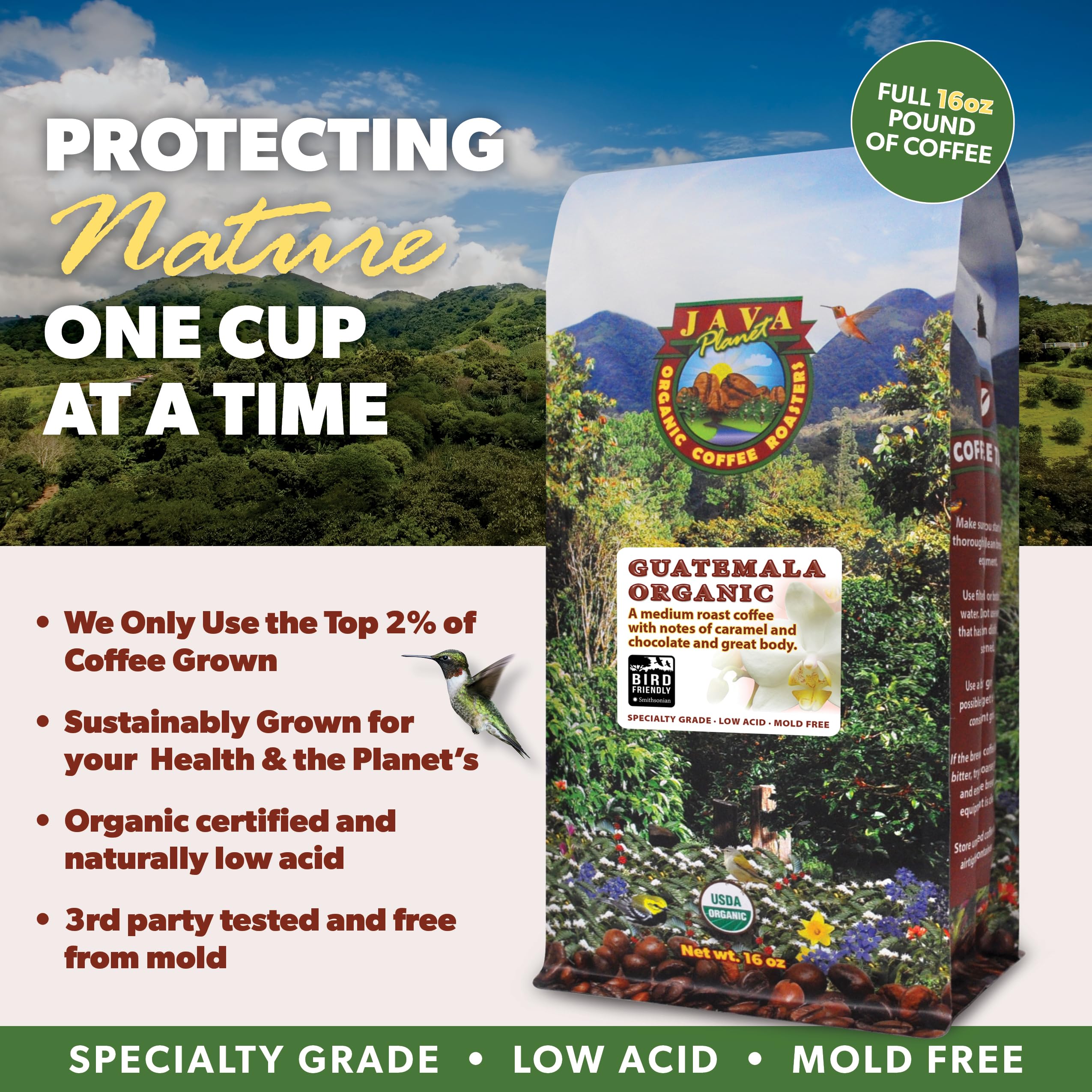 Mold-free and heavy metals tested badge on Java Planet coffee.