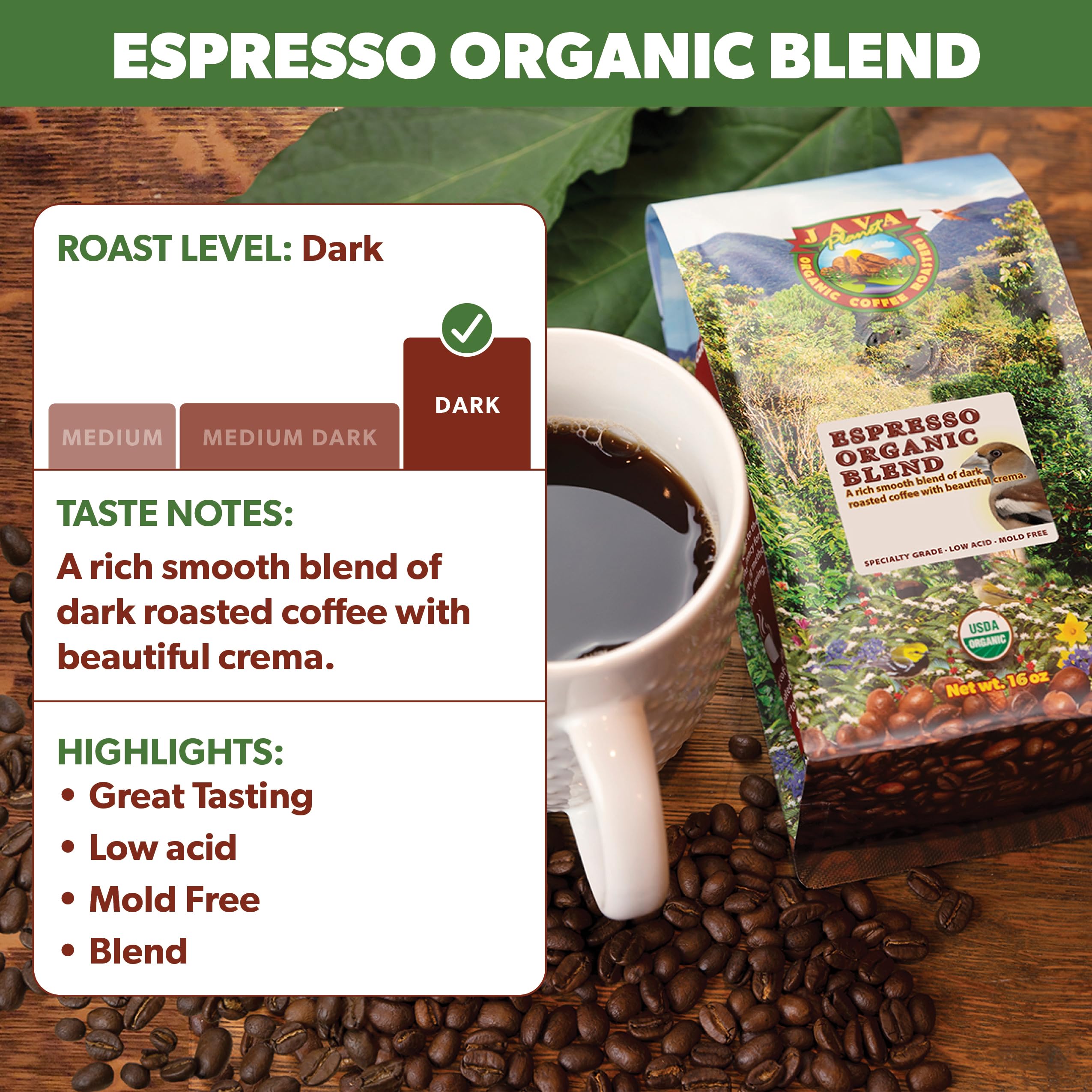 Java Planet pesticide-free packaging signals careful farming and environmental stewardship.