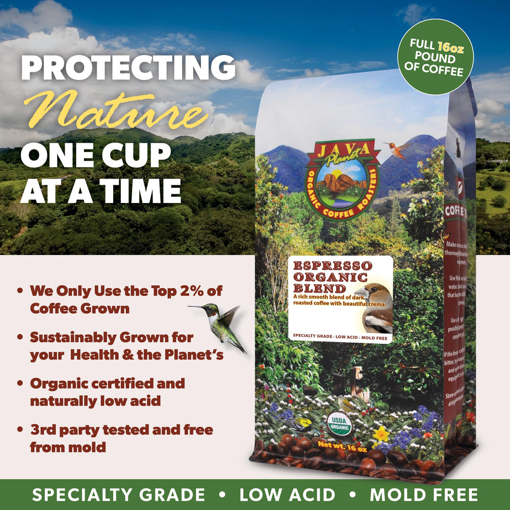 Java Planet sustainably farmed coffee protecting habitats and workers.
