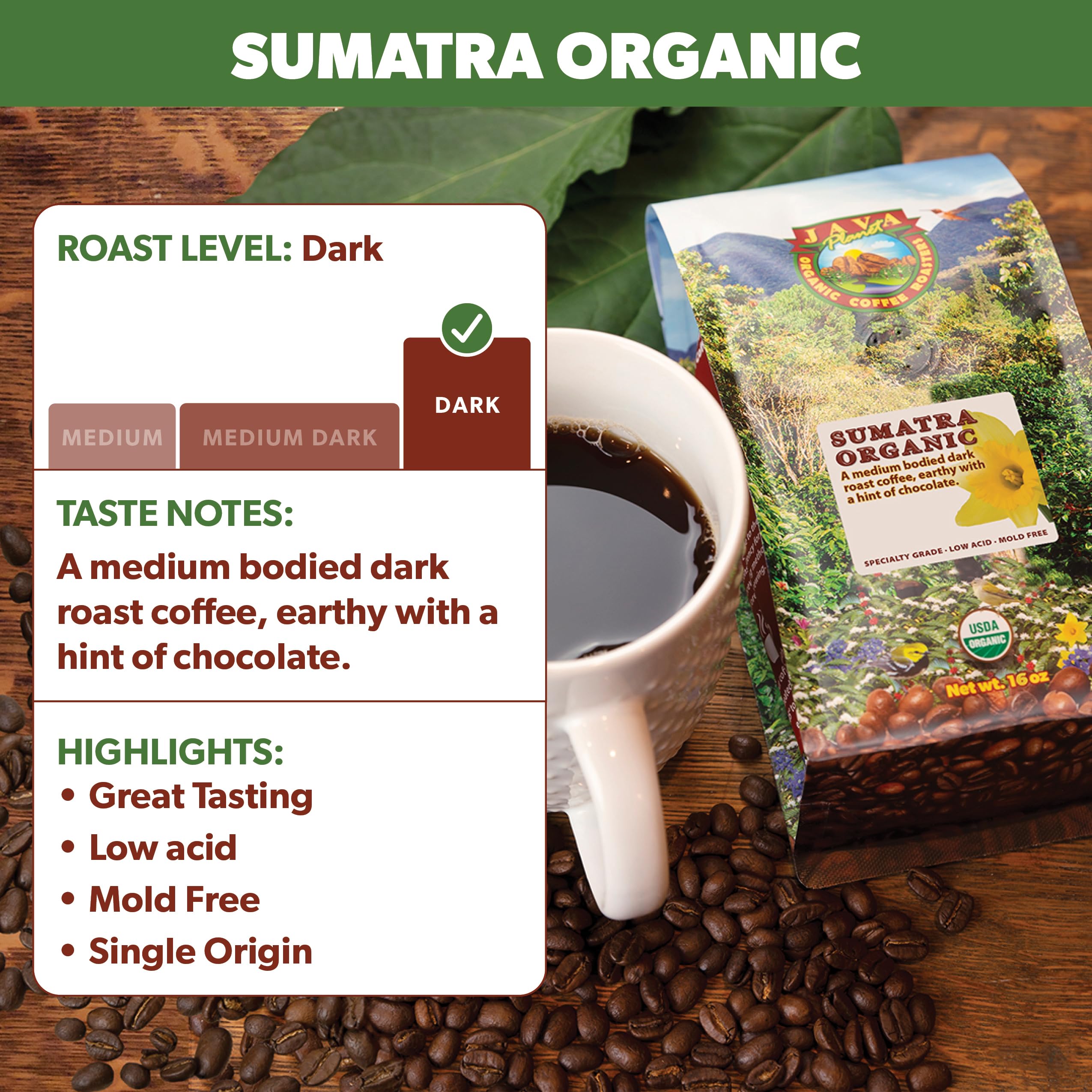 Java Planet mold-free organic coffee packaging preserves freshness and quality.