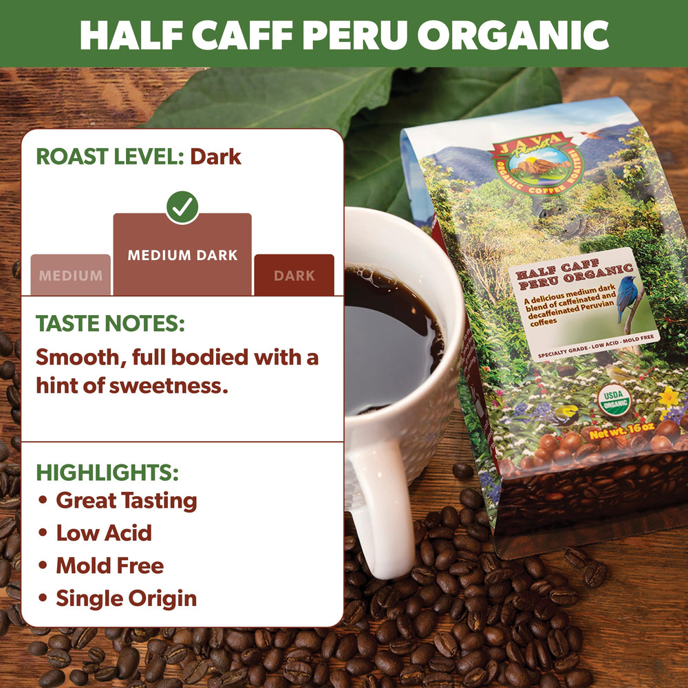Java Planet Peruvian origin beans close-up emphasizes single origin quality and inviting aroma.