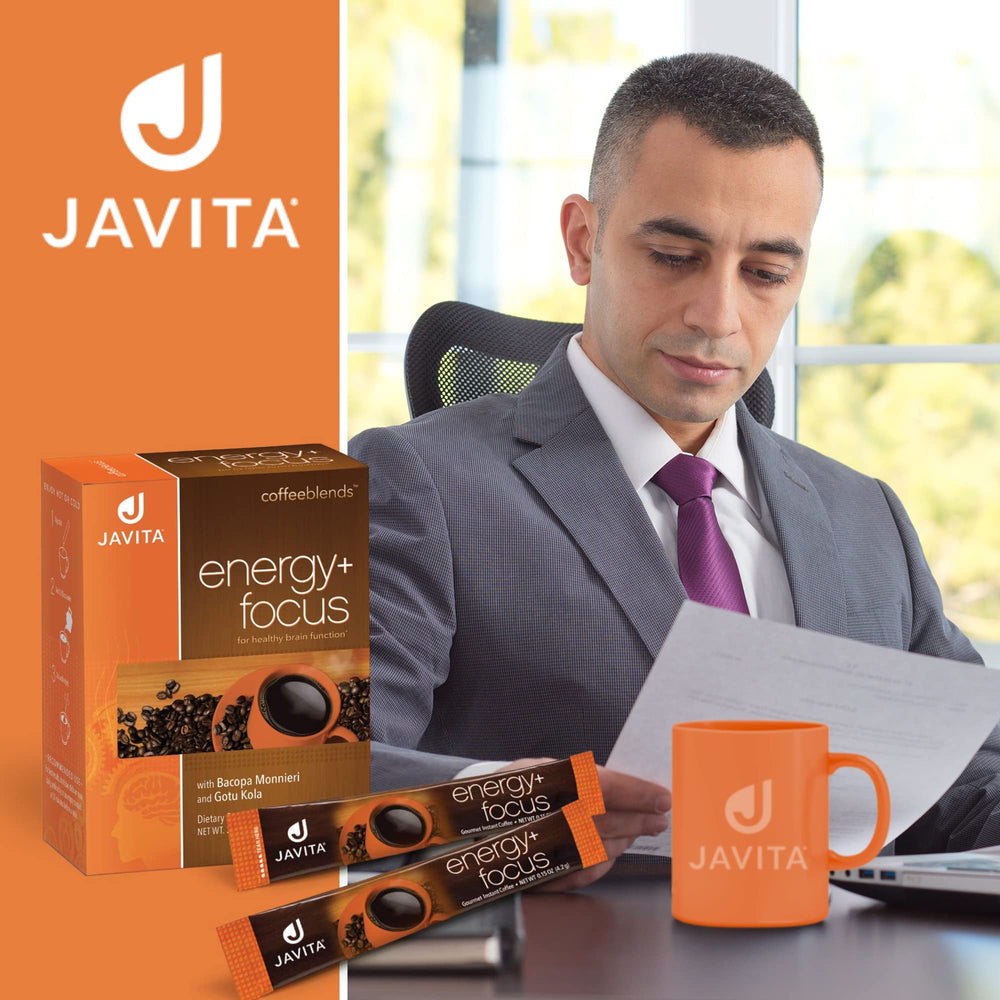Javita steaming mug on a desk signaling focused work sessions