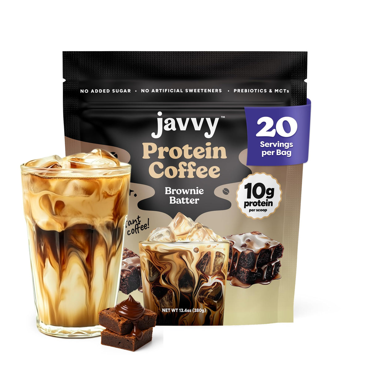Javvy Brownie Batter Protein Iced Coffee hero shot conveys energy and flavor