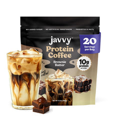 Javvy Brownie Batter Protein Iced Coffee hero shot conveys energy and flavor
