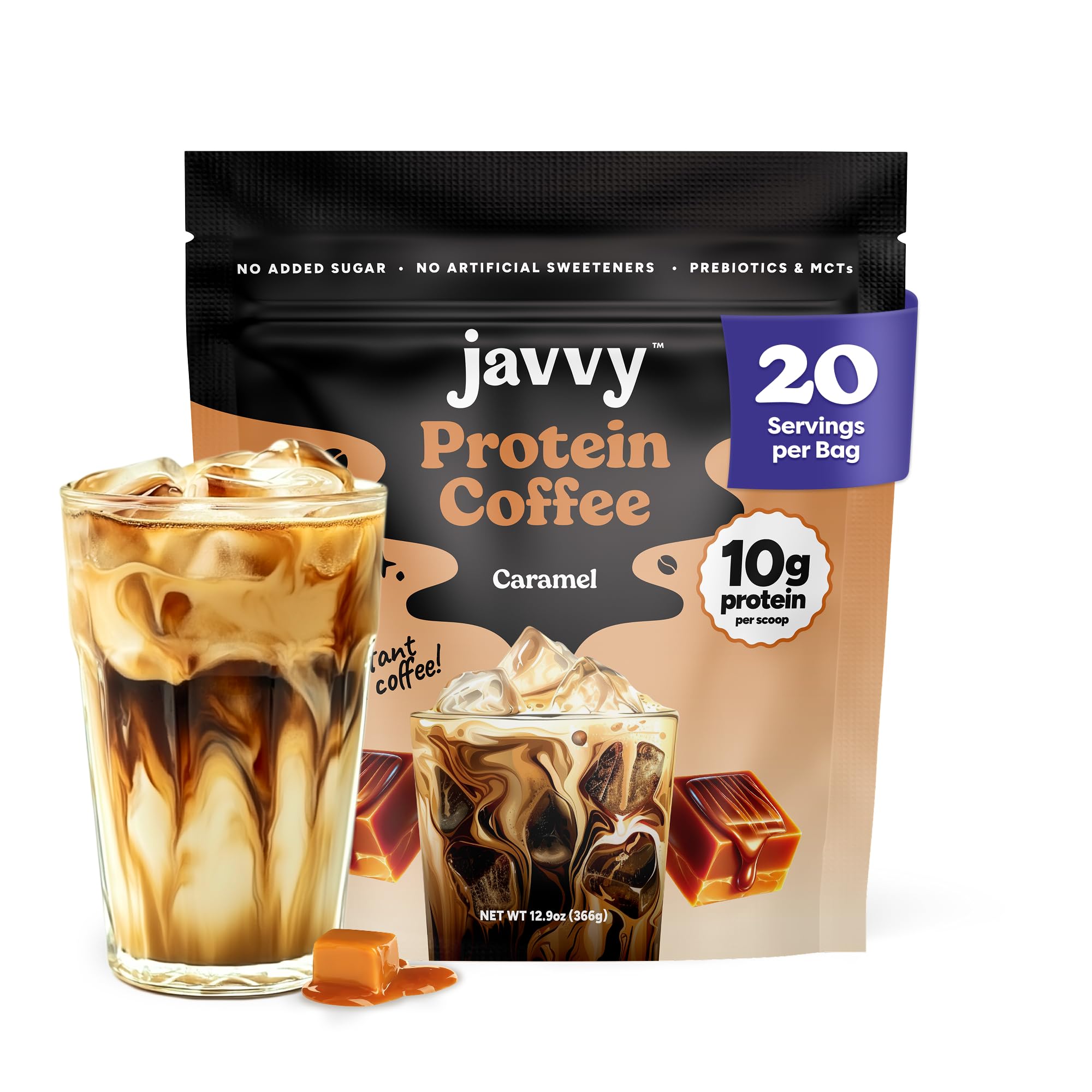 Javvy Caramel Protein Iced Coffee bottle, ready to drink for quick energy on the go.