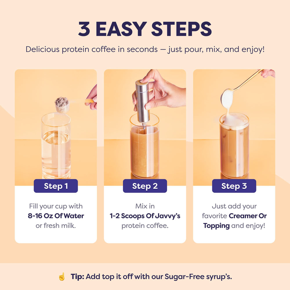 Javvy Caramel Protein Iced Coffee ready-to-drink cup ideal for travel.